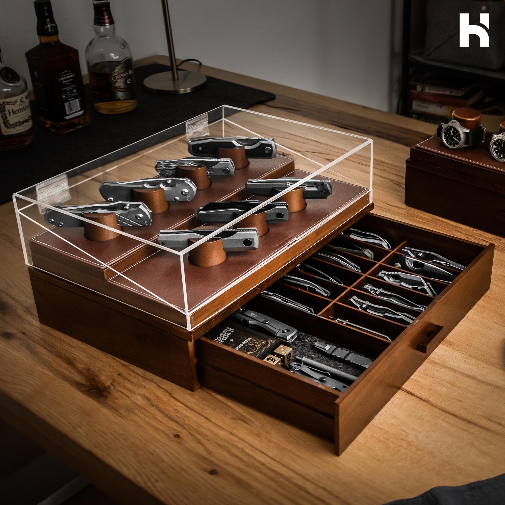 Pocket Knife Display Case with 2 Huge Drawers – Premium Handcrafted Knife Box for 20 to 30 Knives – The Perfect Birthday Gift