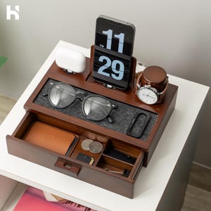 Wooden Nightstand Organizer For Men - Charging Station For Multiple Devices - Docking Station For Tech Accessories - Birthday Gift Idea