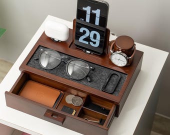 Wooden Nightstand Organizer For Men - Charging Station For Multiple Devices - Docking Station For Tech Accessories - Birthday Gift Idea