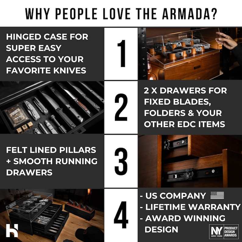 Showcase Your Knives with The Armada Handcrafted Pocket Knife Display Case with 2 Huge Drawers 40 to 50 Knives Lifetime Warranty image 2