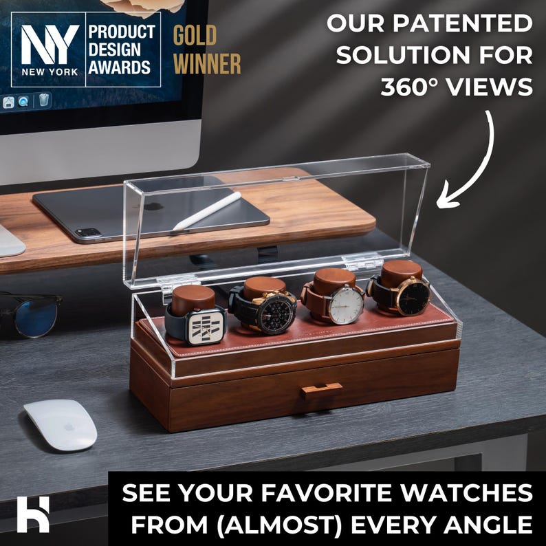May include: A wooden watch display case with a clear acrylic lid, displaying four watches with brown leather straps. The case has a pull-out drawer and a red interior. The text reads "OUR PATENTED SOLUTION FOR 360&deg; VIEWS."