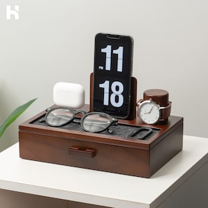 Wooden Charging Station For Multiple Devices - Docking Station For Tech Accessories - Nightstand Organizer For Men - Organize Accessories