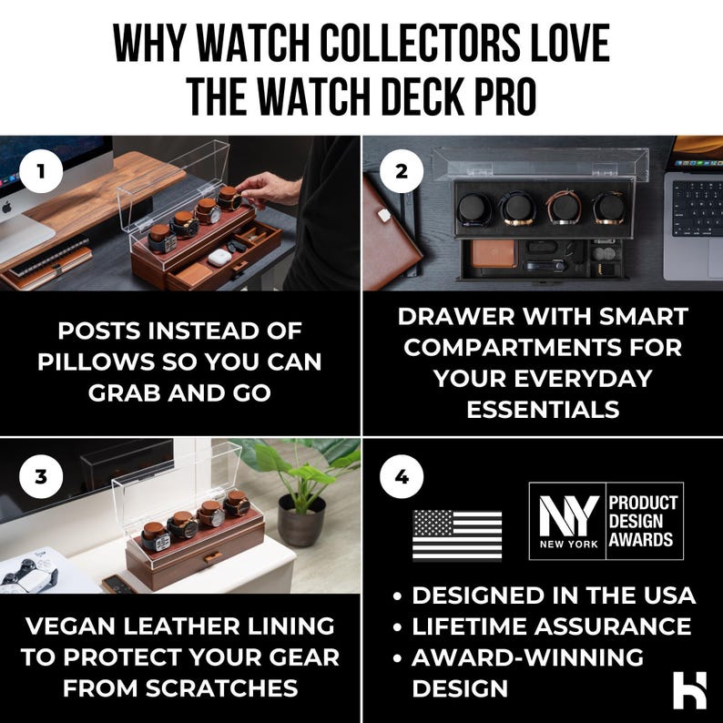 May include: A brown watch display case with a clear lid, showcasing several watches. Text includes "WHY WATCH COLLECTORS LOVE THE WATCH DECK PRO." Further text describes features such as posts, smart compartments, and vegan leather lining to protect gear.
