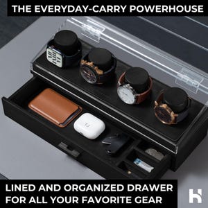 May include: A black organiser box with a clear lid, displaying four watches on black watch pillows. The open drawer reveals a brown leather wallet, white earbuds, and other accessories. Text reads: "THE EVERYDAY-CARRY POWERHOUSE" and "LINED AND ORGANIZED DRAWER FOR ALL YOUR FAVORITE GEAR."