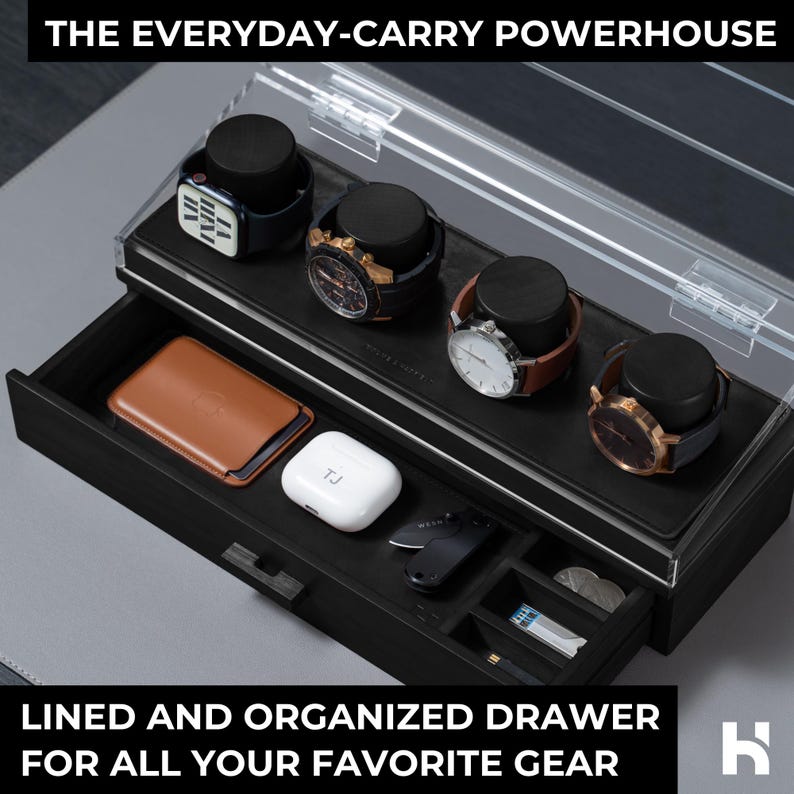 May include: A black organiser box with a clear lid, displaying four watches on black watch pillows. The open drawer reveals a brown leather wallet, white earbuds, and other accessories. Text reads: "THE EVERYDAY-CARRY POWERHOUSE" and "LINED AND ORGANIZED DRAWER FOR ALL YOUR FAVORITE GEAR."