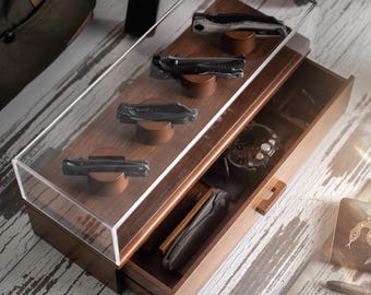 Handcrafted Pocket Knife Display Case with Drawer for Accessories – Premium Wooden Knife Box – Perfect Birthday Gift for Men
