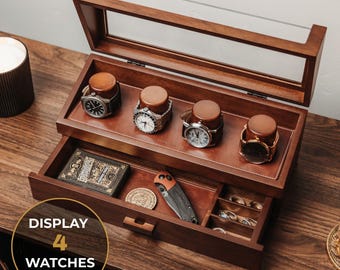 Display & Protect Your Collection – Handcrafted Premium Watch Display Case for 4 Watches, Wooden Watch Box with Drawer - Perfect Gift