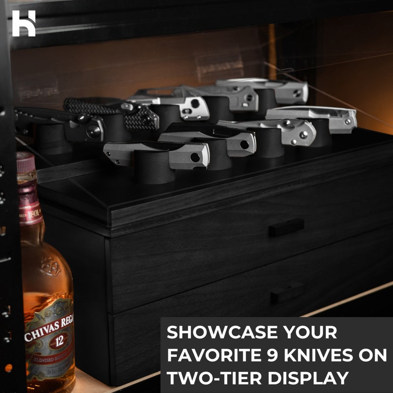Showcase Your Knives with The Armada Handcrafted Pocket Knife Display Case with 2 Huge Drawers 40 to 50 Knives Lifetime Warranty Black