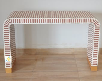 Handmade wooden bone inlay stripped pattern console table with free gift.