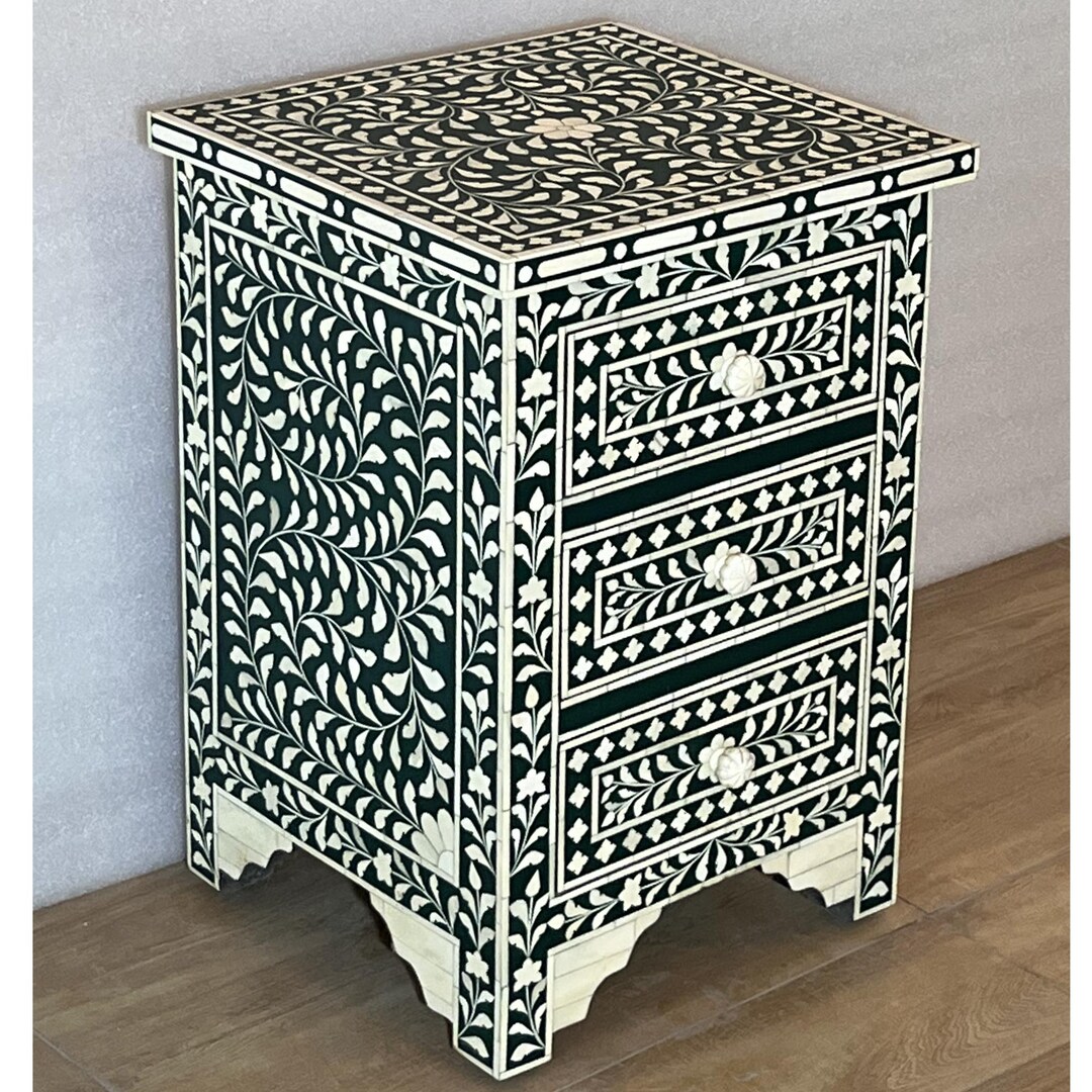 Handmade Wooden Bone Inlay Floral Pattern Bedside - Etsy