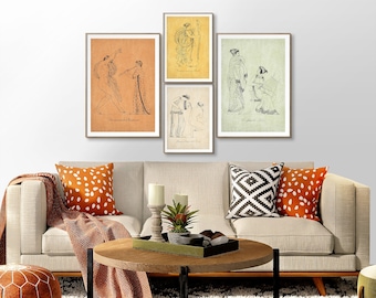May include: Four black and white line drawings of figures in various poses, framed in brown wood frames. The frames are hanging on a white wall above a beige couch with orange and white patterned throw pillows.