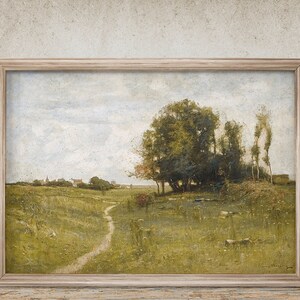 May include: A framed painting depicting a rural landscape with a winding path leading to a cluster of trees in the distance. The sky is a soft blue with white clouds, and the field is a vibrant green.