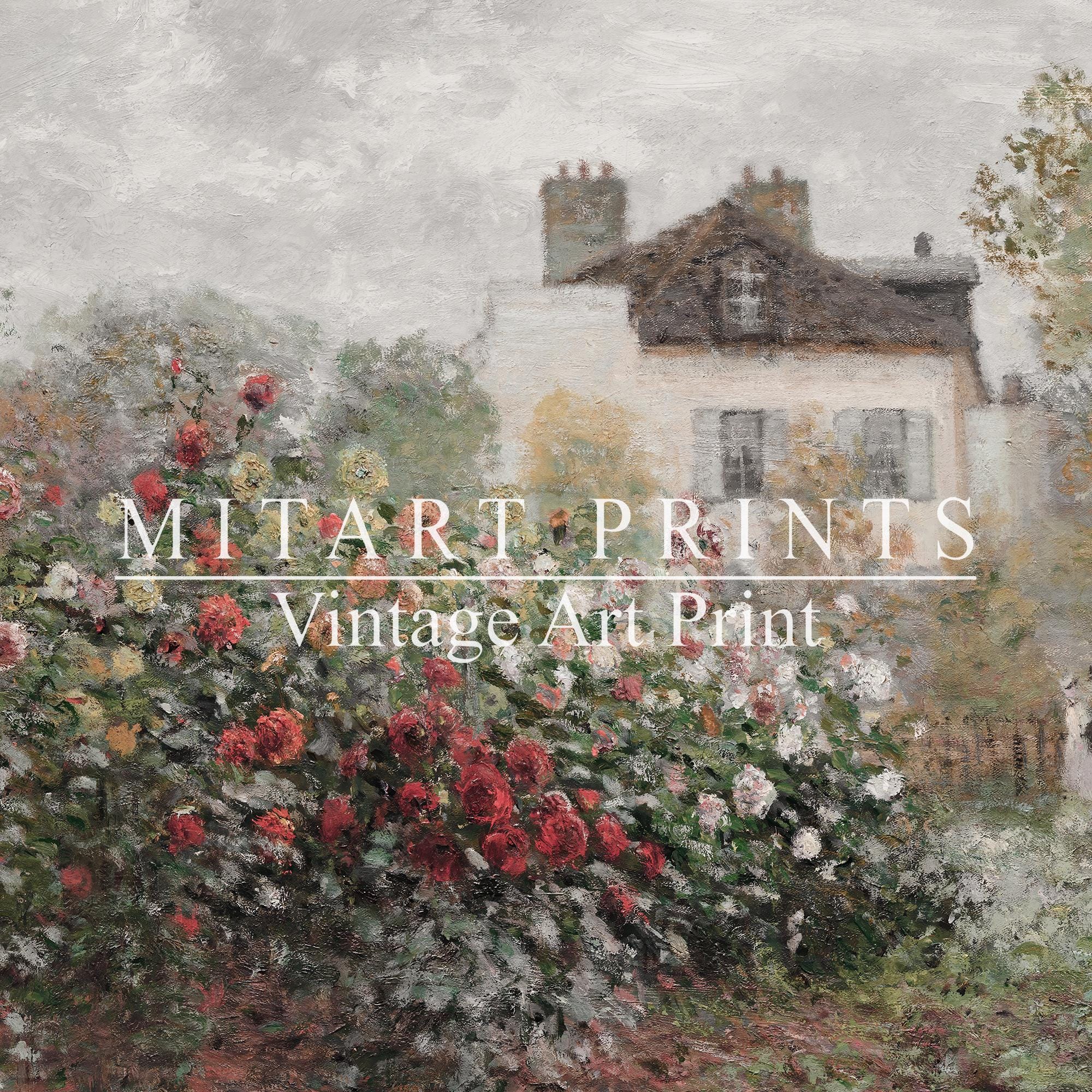 Vintage Rose Garden Oil Painting, Printable Country Landscape Wall Art ...