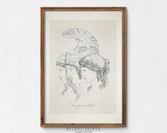 Ancient Greek Mythology Art Print, Vintage Greek Etching, Greek Mythology Wall Art, Vintage Line Drawing Printable, Antique Portrait Sketch