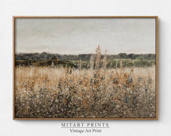 Printable Wildflower Field Landscape Oil Painting, Vintage Landscape Art Print, Country Field Wall Art Digital Download