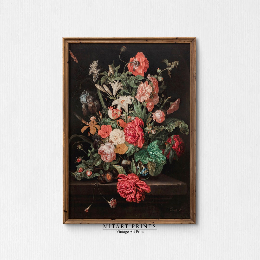 Dark Vintage Botanical Painting, Moody Botanical Still Life Print ...