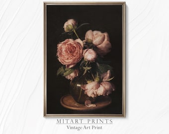 May include: A vintage art print featuring a still life of pink peonies in a dark green vase on a wooden table. The flowers are arranged in a loose, natural style, and the background is a dark, moody color.