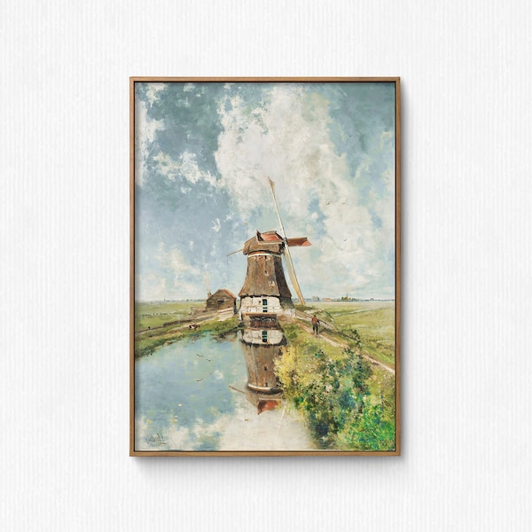 Dutch Windmill Landscape Painting, Windmill Wall Art, Landscape Oil Painting, Printable Wall Art, Art Prints, Landscape print, Printable Art