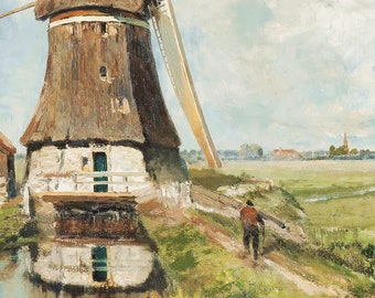 オランダの風車の風景画、風車の壁アート、風景油絵、印刷可能な