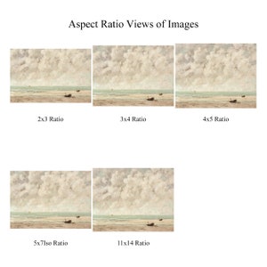 May include: A comparison of the same image cropped to different aspect ratios. The image shows a seascape with a cloudy sky, a sandy beach, and a few small boats in the distance.