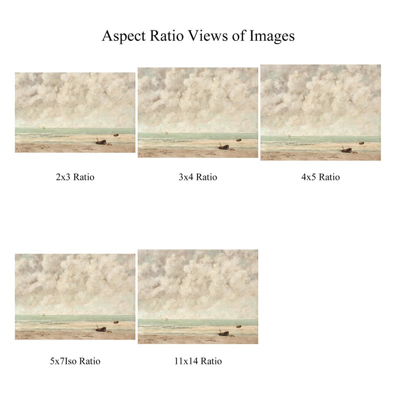 May include: A comparison of the same image cropped to different aspect ratios. The image shows a seascape with a cloudy sky, a sandy beach, and a few small boats in the distance.