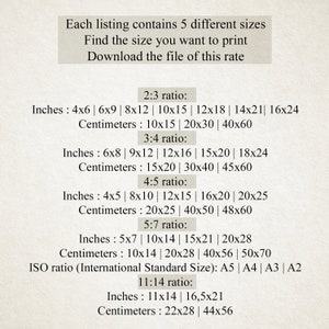 Op de afbeelding: Een tabel met verschillende afdrukformaten in inches en centimeters. De tabel geeft vijf verschillende beeldverhoudingen weer: 2:3, 3:4, 4:5, 5:7 en 11:14. De tabel bevat ook de ISO-standaardformaten: A5, A4, A3 en A2.