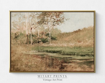 Vintage Countryside Landscape Painting, Antique Summer Print, Rural Wall Art Decor, Rustic Meadow Painting, Printable Digital Download