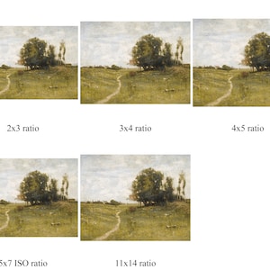 May include: A painting of a rural landscape with a dirt path leading through a field of green grass. There are trees on both sides of the path, and the sky is a light blue with some clouds.