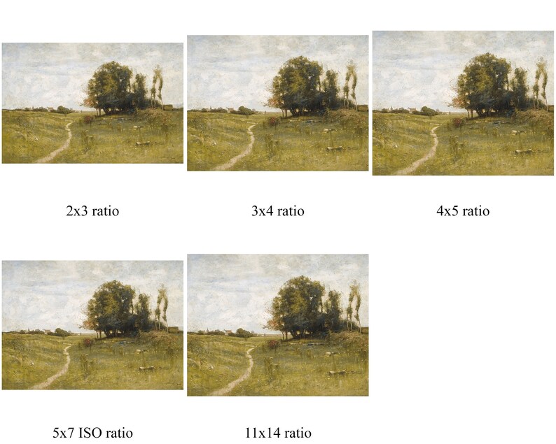 May include: A painting of a rural landscape with a dirt path leading through a field of green grass. There are trees on both sides of the path, and the sky is a light blue with some clouds.