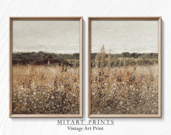 May include: A set of two framed vintage art prints depicting a field of wildflowers in a muted color palette. The prints are in wooden frames with a light brown finish.