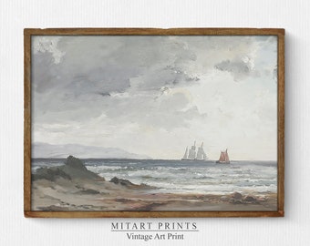 Vintage Seascape Painting, Sailboat Oil Painting, Vintage Nautical Painting, Neutral Coastal Print, Downloadable Art, Digital Download