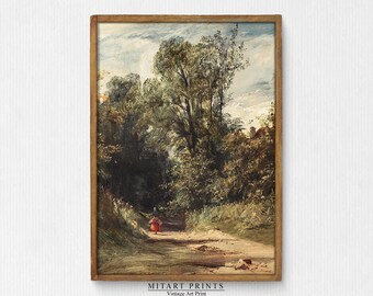 印刷可能な風景画、風景油絵、ビンテージカントリー風景画、アンティーク農家の装飾、ビンテージ自然画