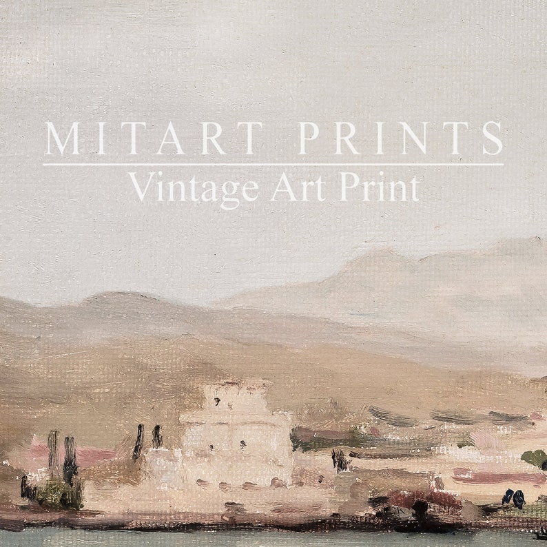 Op de afbeelding: Een vintage kunstprint van een landschap met een wit gebouw op de voorgrond. De lucht is lichtgrijs en de heuvels op de achtergrond zijn in een gedempte bruine kleur. De print heeft de tekst "MITART PRINTS Vintage Art Print" bovenaan.