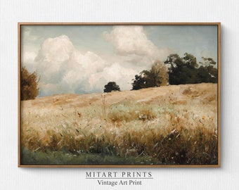 Printable Wheat Fields Landscape Oil Painting, Vintage Landscape Print, Vintage Country Landscape Art, Digital Wall Art