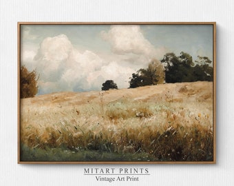 May include: A vintage art print of a landscape painting featuring a field of tall grass with a rolling hill in the background. The sky is a light blue with fluffy white clouds. The trees in the distance are a dark green.