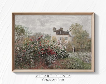 May include: A vintage art print featuring a house with a garden in the foreground. The garden is full of lush greenery and colourful flowers. The house is painted in a muted colour palette, and the sky is overcast.