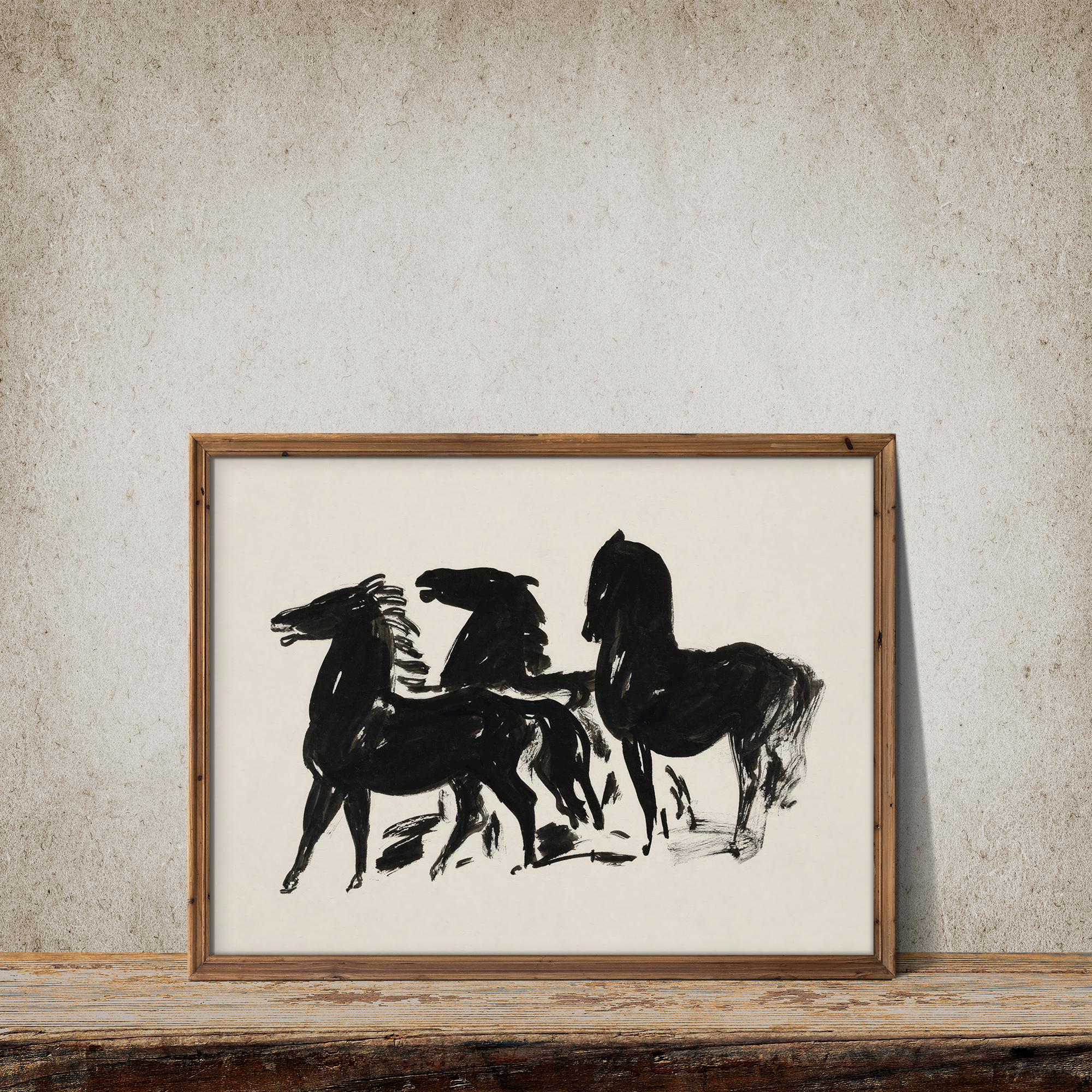 抽象画 馬のデザイン モノクロ ヴィンテージ 馬のエッチング アート プリント、印刷可能な馬の絵の壁