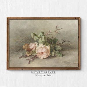 Vintage Roses Painting Neutral Printable, Flower Still Life Print, Botanical Oil Painting, Roses Wall Art Print, Muted Botanical Print