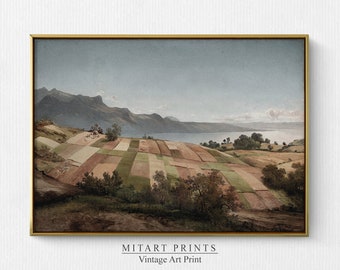 Vintage Field Landscape Oil Painting, Antique Landscape Print, Country Field Painting, Vintage Farmhouse Decor, Neutral Printable