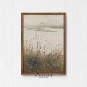 Vintage Botanical Oil Painting, Neutral Landscape Print, Floral Seascape Painting, Antique Botanical Print, Reeds Landscape Coastal Painting