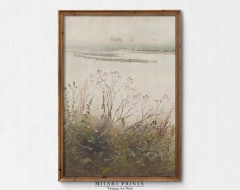 Vintage botanische olieverfschilderij, neutrale landschap print, bloemen zeegezicht schilderij, antieke botanische print, riet landschap kust schilderij