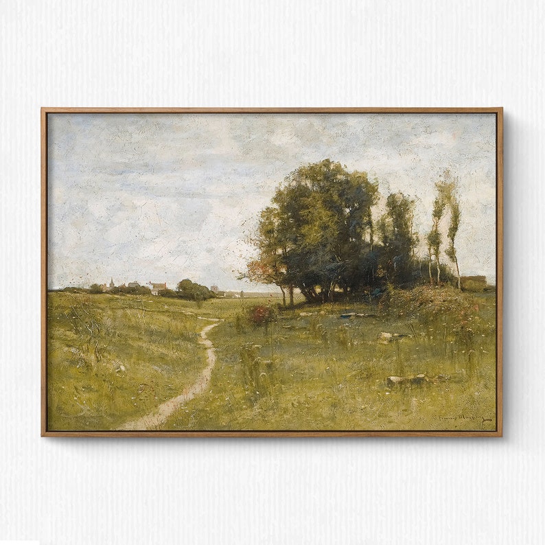 May include: A painting of a rural landscape with a winding dirt path leading to a small village in the distance. The path is surrounded by green grass and trees, and the sky is a light blue with white clouds.