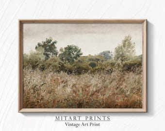 Vintage Wildflower Field Landscape Painting, Printable Farmhouse Art Print, Country Field Wall Art, Rustic Art Print, Downloadable, 24-48