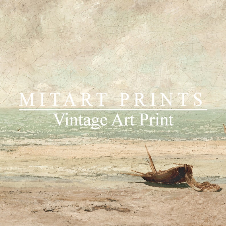 May include: Vintage art print of a seascape with a wooden boat on a sandy beach. The sky is cloudy and the water is a light blue-green color. The text "MITART PRINTS Vintage Art Print" is at the top of the image.