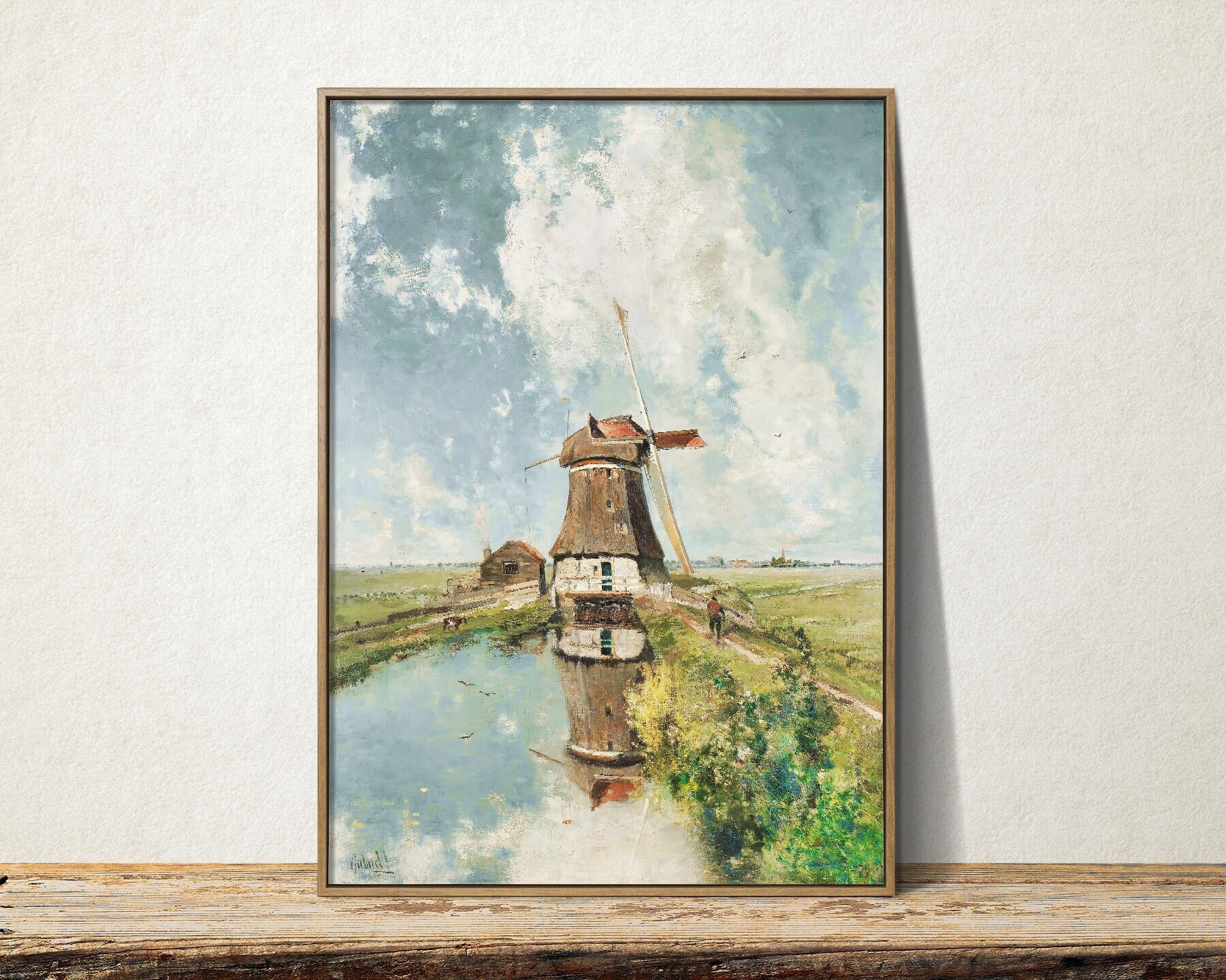 オランダの風車の風景画、風車の壁アート、風景油絵、印刷可能な壁
