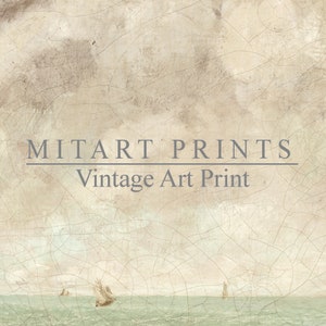 May include: Vintage art print featuring a seascape with three sailboats on a calm body of water. The sky is a light blue with white clouds. The print has a textured background and the text "MITART PRINTS Vintage Art Print" at the top.