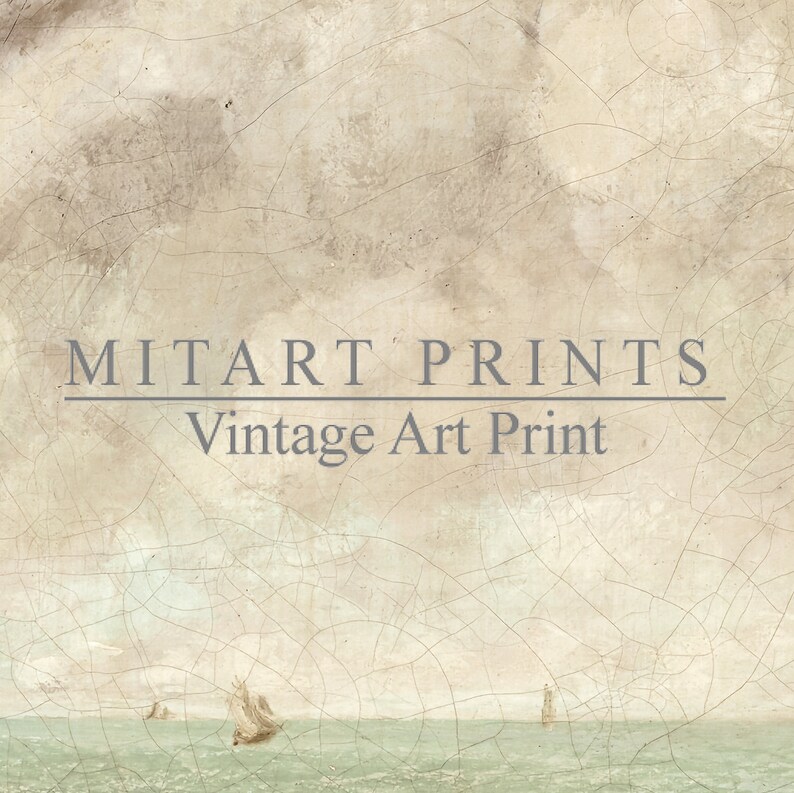May include: Vintage art print featuring a seascape with three sailboats on a calm body of water. The sky is a light blue with white clouds. The print has a textured background and the text "MITART PRINTS Vintage Art Print" at the top.