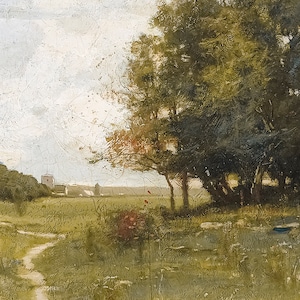 May include: A painting of a rural landscape with a dirt path leading to a cluster of trees in the foreground. The trees are a dark green and the path is a light brown. In the background, there are buildings and a field of green grass.