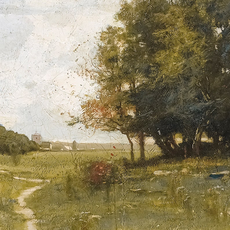 May include: A painting of a rural landscape with a dirt path leading to a cluster of trees in the foreground. The trees are a dark green and the path is a light brown. In the background, there are buildings and a field of green grass.