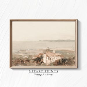 Printable Vintage Coastal Landscape Painting, Vintage Neutral Seascape Art Print, Cottage Warm Tone Vintage Wall Art, Downloadable, 25-11